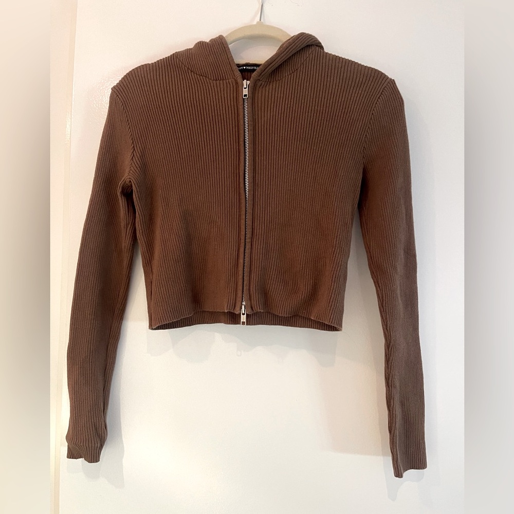 Brandy Melville Brown Cropped Ribbed Hooded Jacket/Top W Double Zipper,Like New
